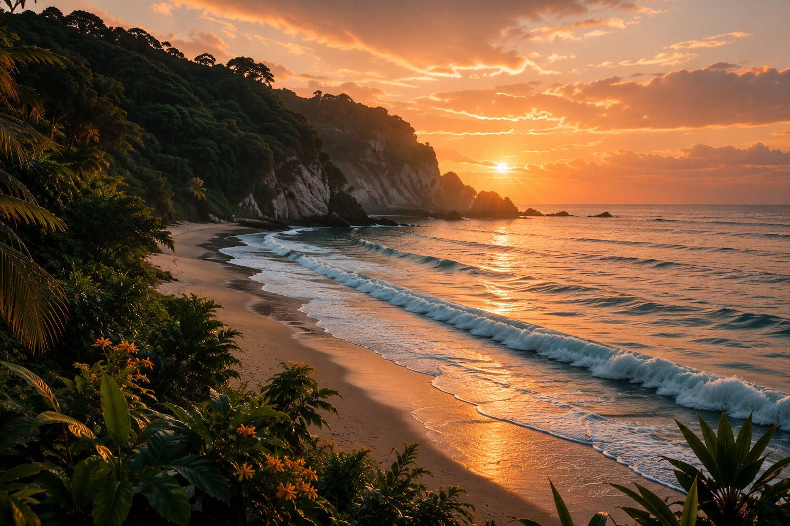A tranquil coastline at sunset
