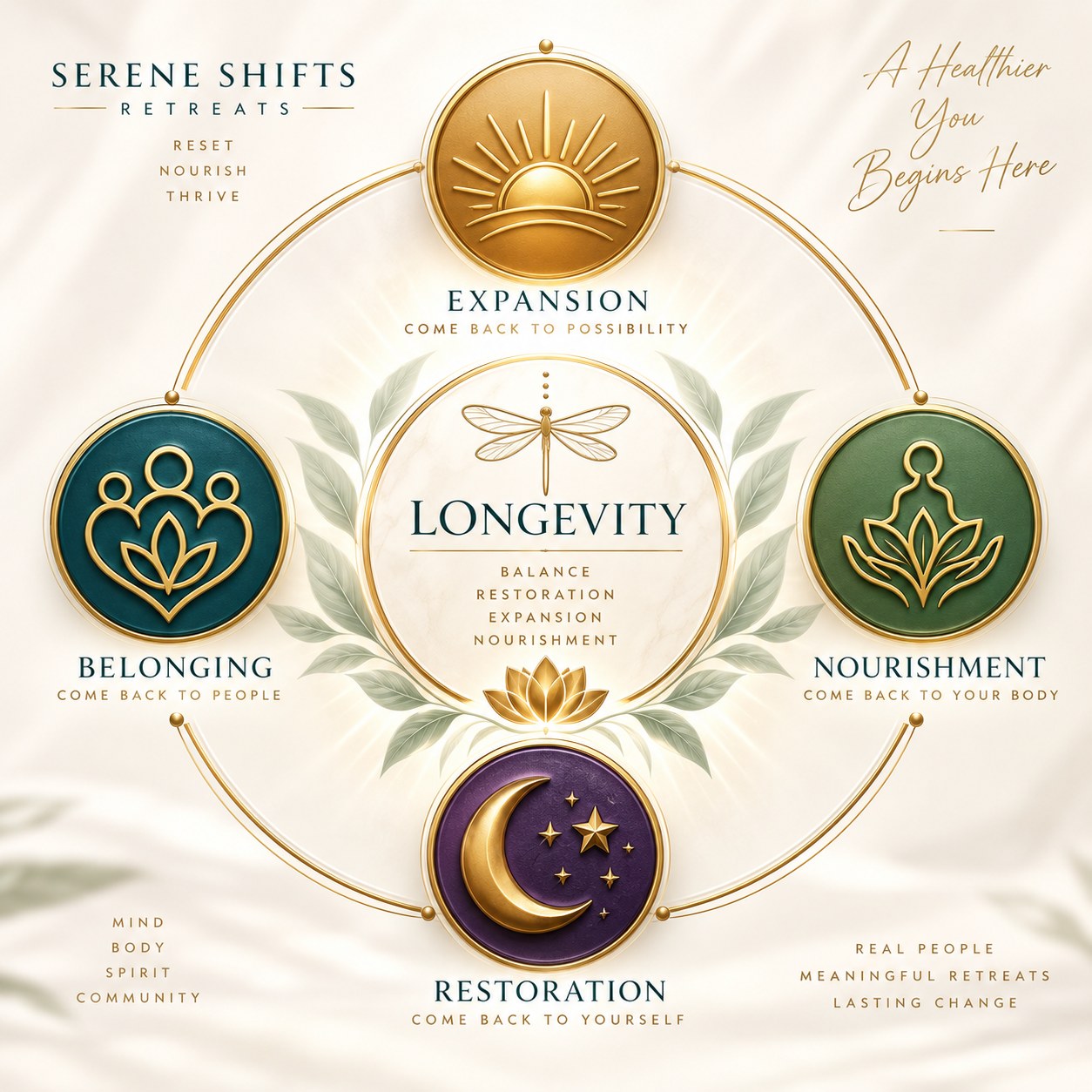 The four Serene Shifts pathways — Belonging, Nourishment, Restoration and Expansion — around Longevity