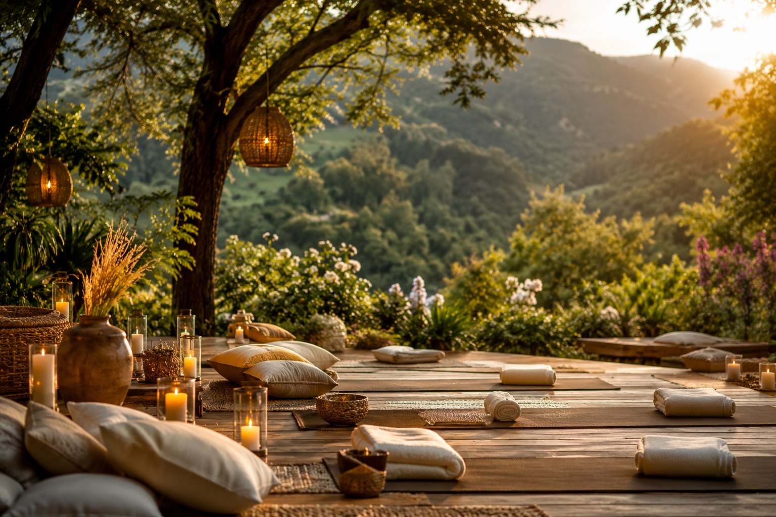 A serene sunset yoga and meditation deck overlooking the mountains