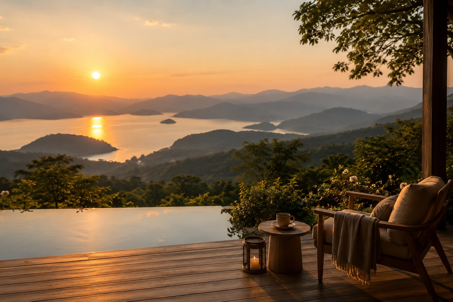 Sunset view over the mountains and sea from a retreat deck
